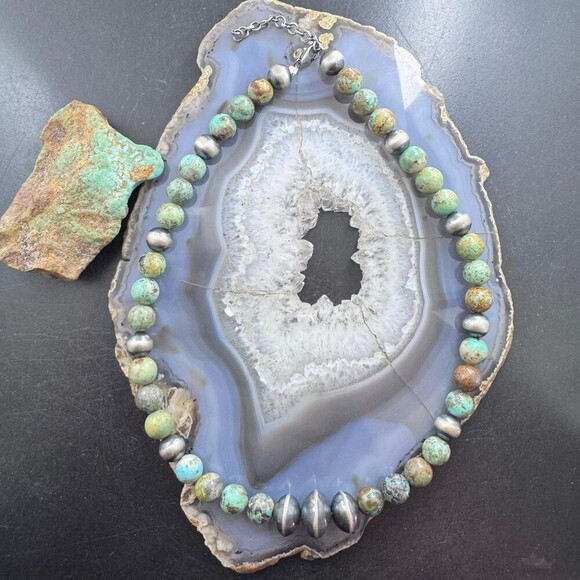 Sterling Southwestern Style Green Turquoise/Navajo Pearl Bead 16"-18" Necklace 1 - Picture 1 of 10
